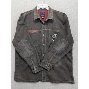 Bugle Boy Shirt Mens Extra Large Black Denim Overshirt Zip Pocket Elbow Patches